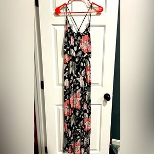 LOFT Floral Black Maxi Dress with Pink and White Accents